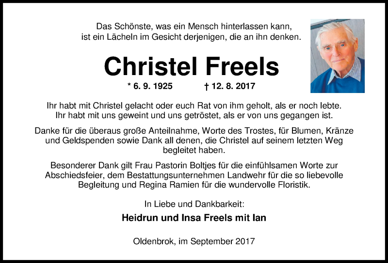 Traueranzeige für Christel Freels vom 29.09.2017 aus Nordwest-Zeitung
