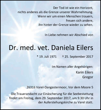 Traueranzeige von Daniela Eilers von Nordwest-Zeitung