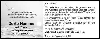 Traueranzeige von Dörte Hemme von Nordwest-Zeitung