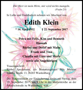 Traueranzeige von Edith Klein von Nordwest-Zeitung