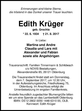 Traueranzeige von Edith Krüger von Nordwest-Zeitung