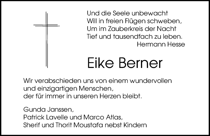  Traueranzeige für Eike Berner vom 16.09.2017 aus Nordwest-Zeitung