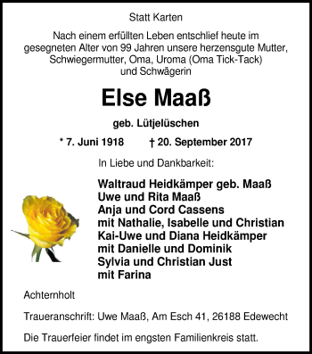 Traueranzeige von Else Maaß von Nordwest-Zeitung