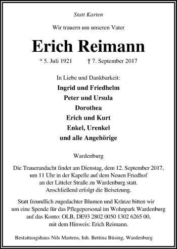 Traueranzeige von Erich Reimann von Nordwest-Zeitung