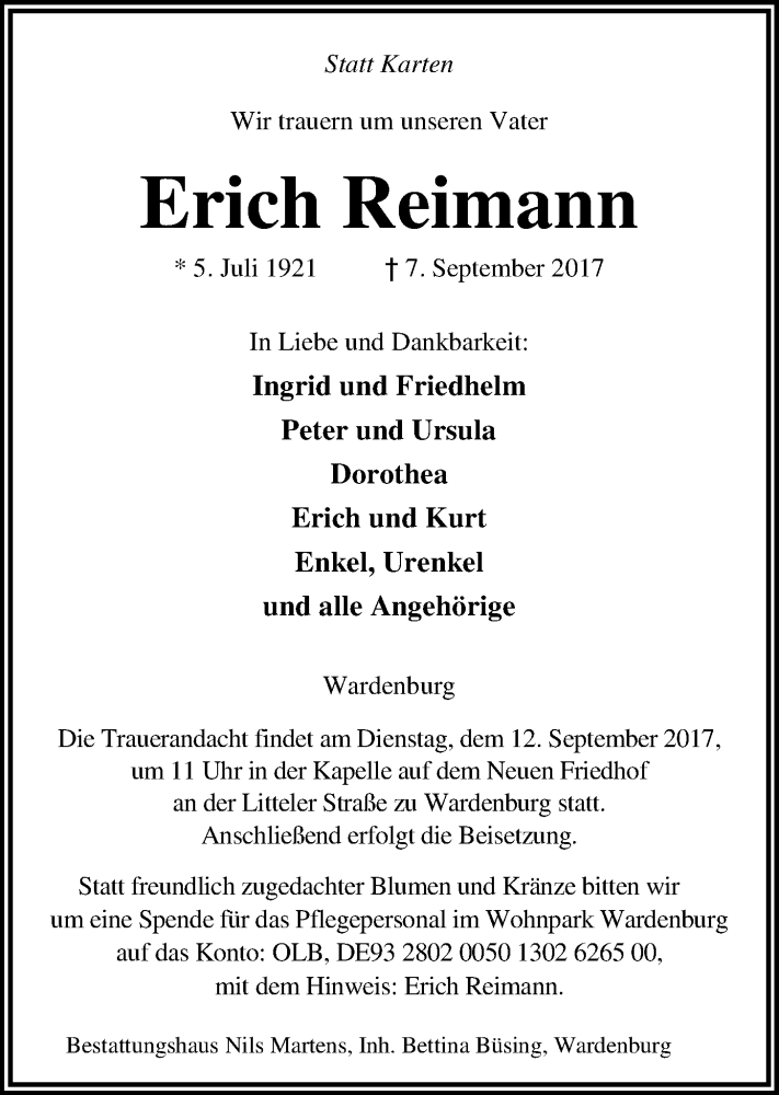  Traueranzeige für Erich Reimann vom 09.09.2017 aus Nordwest-Zeitung