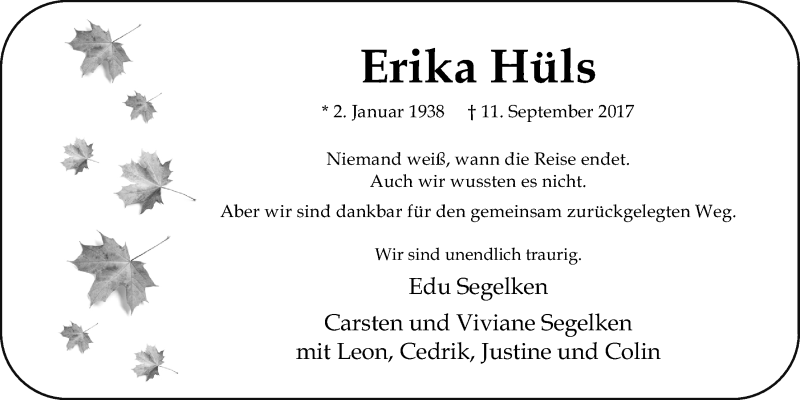  Traueranzeige für Erika Hüls vom 13.09.2017 aus Nordwest-Zeitung