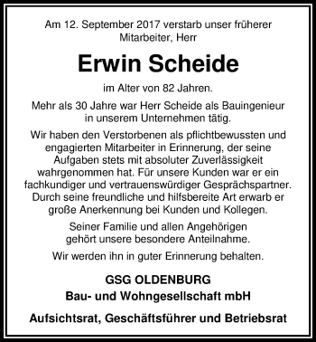 Traueranzeige von Erwin Scheide von Nordwest-Zeitung