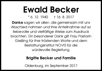 Traueranzeige von Ewald Becker von Nordwest-Zeitung