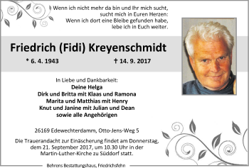 Traueranzeige von Friedrich (Fidi) Kreyenschmidt von Nordwest-Zeitung