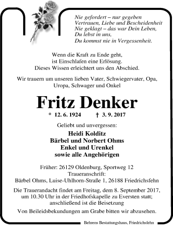 Traueranzeige von Fritz Denker von Nordwest-Zeitung