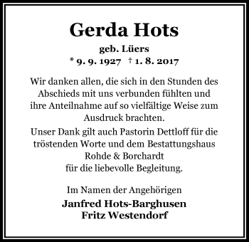 Traueranzeige von Gerda Hots von Nordwest-Zeitung