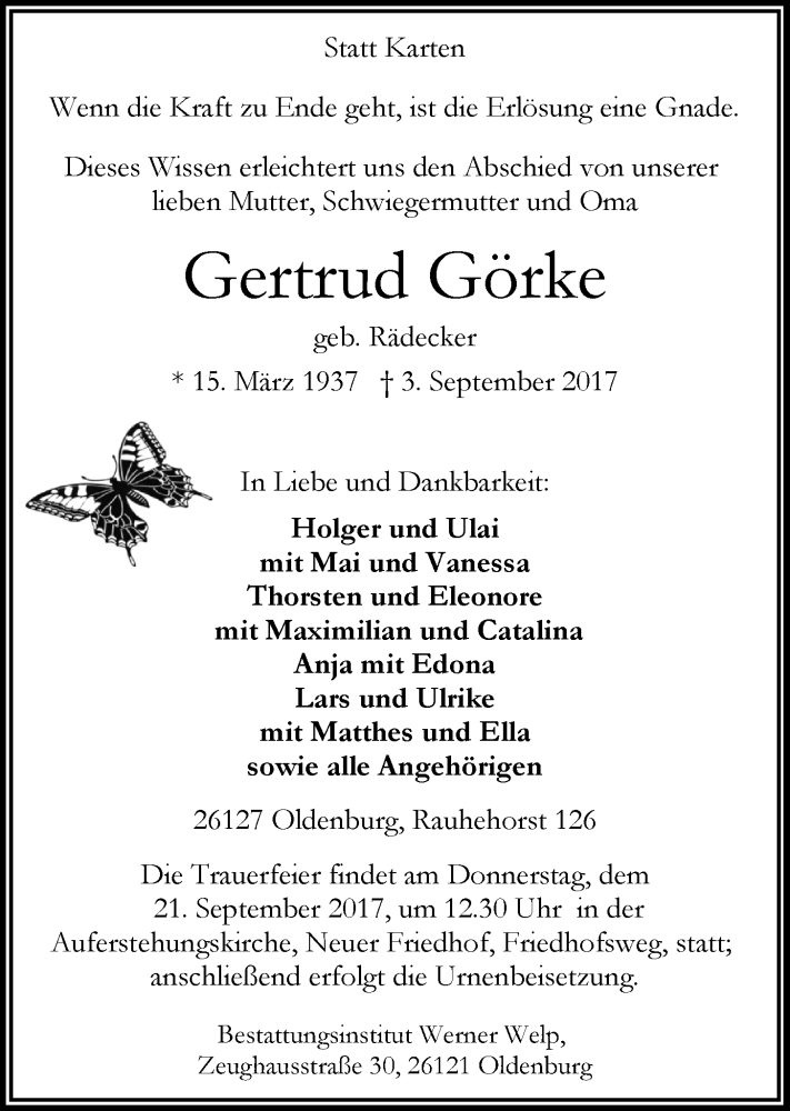  Traueranzeige für Gertrud Görke vom 16.09.2017 aus Nordwest-Zeitung