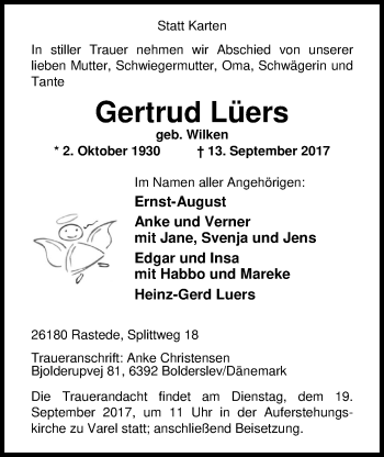 Traueranzeige von Gertrud Lüers von Nordwest-Zeitung