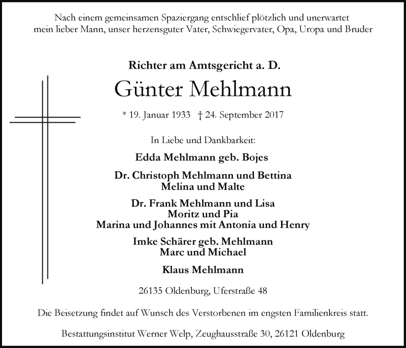  Traueranzeige für Günter Mehlmann vom 30.09.2017 aus Nordwest-Zeitung