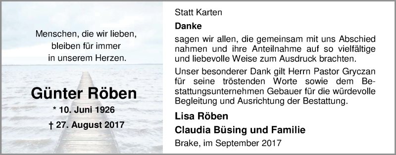  Traueranzeige für Günter Röben vom 30.09.2017 aus Nordwest-Zeitung