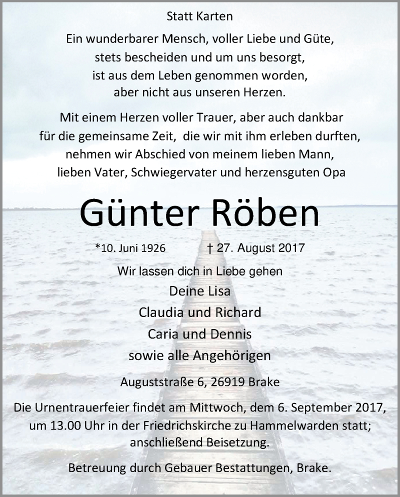  Traueranzeige für Günter Röben vom 02.09.2017 aus Nordwest-Zeitung