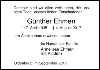 Traueranzeige von Günther Ehmen von Nordwest-Zeitung