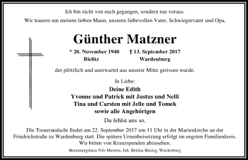 Traueranzeige von Günther Matzner von Nordwest-Zeitung