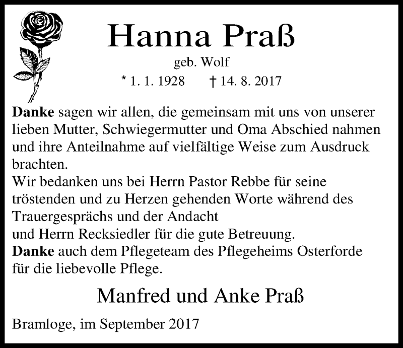  Traueranzeige für Hanna Praß vom 30.09.2017 aus Nordwest-Zeitung