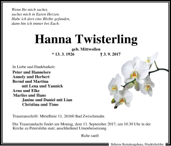 Traueranzeige von Hanna Twisterling von Nordwest-Zeitung