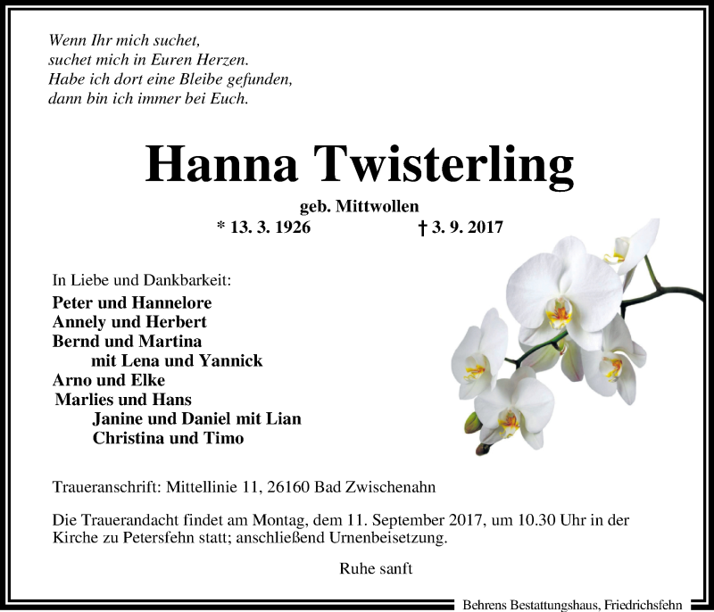  Traueranzeige für Hanna Twisterling vom 06.09.2017 aus Nordwest-Zeitung