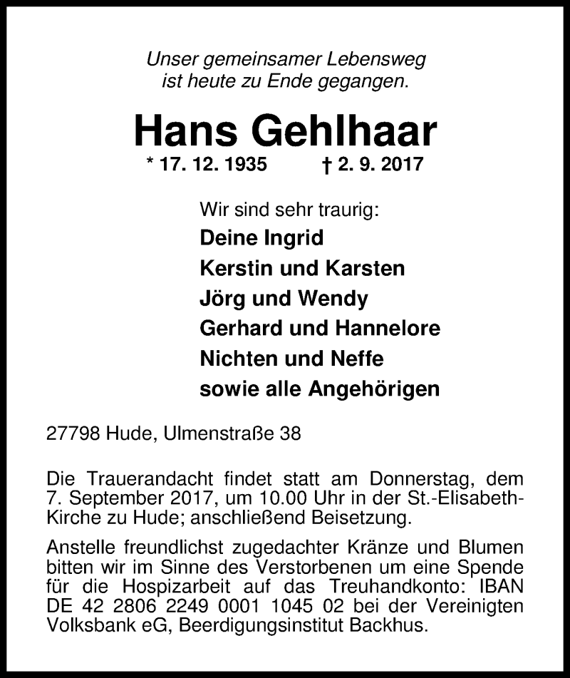  Traueranzeige für Hans Gehlhaar vom 04.09.2017 aus Nordwest-Zeitung
