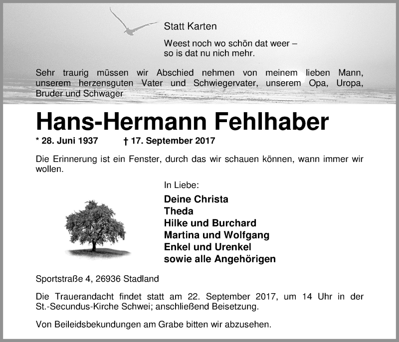  Traueranzeige für Hans-Hermann Fehlhaber vom 19.09.2017 aus Nordwest-Zeitung