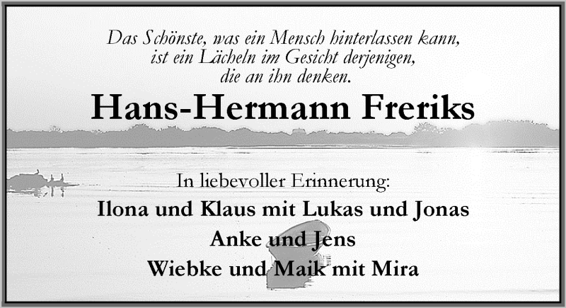  Traueranzeige für Hans-Hermann Freriks vom 20.09.2017 aus Nordwest-Zeitung