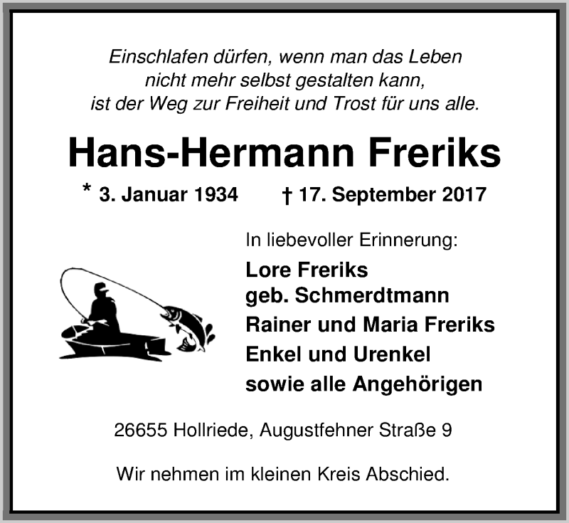  Traueranzeige für Hans-Hermann Freriks vom 20.09.2017 aus Nordwest-Zeitung