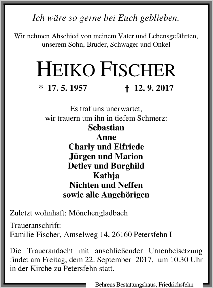  Traueranzeige für Heiko Fischer vom 16.09.2017 aus Nordwest-Zeitung