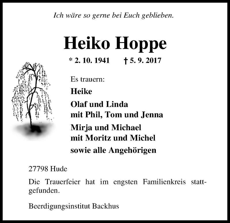 Traueranzeige für Heiko Hoppe vom 15.09.2017 aus Nordwest-Zeitung