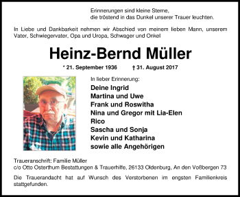 Traueranzeige von Heinz-Bernd Müller von Nordwest-Zeitung