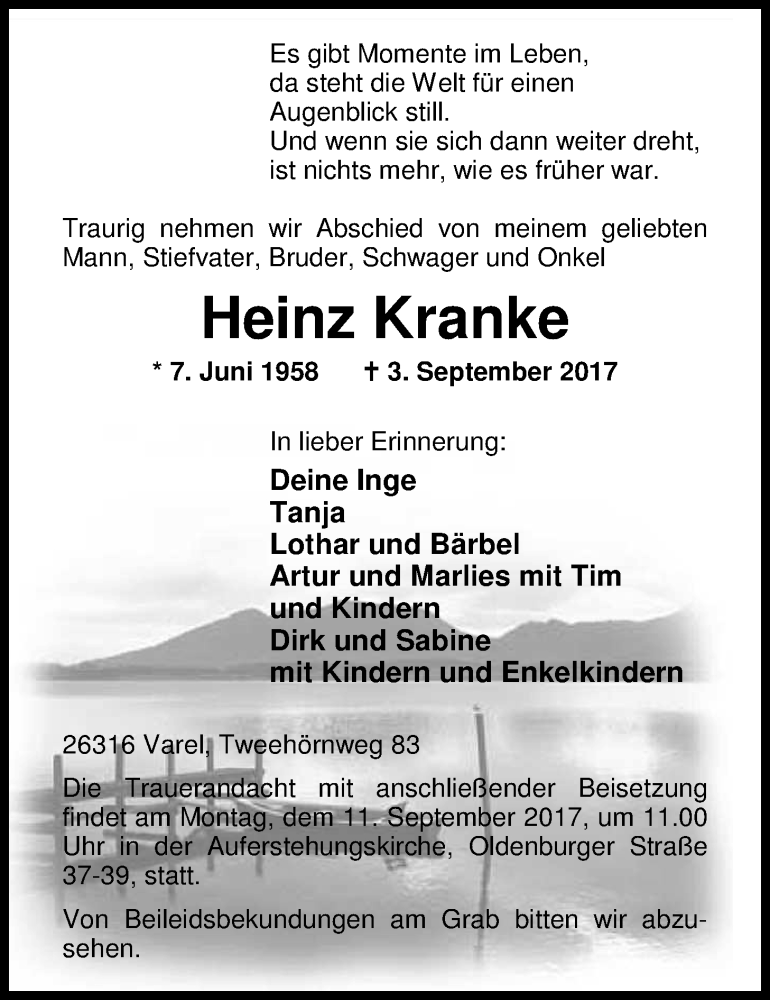  Traueranzeige für Heinz Kranke vom 08.09.2017 aus Nordwest-Zeitung