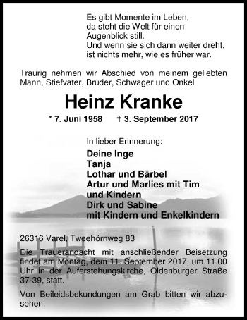 Traueranzeige von Heinz Kranke von Nordwest-Zeitung