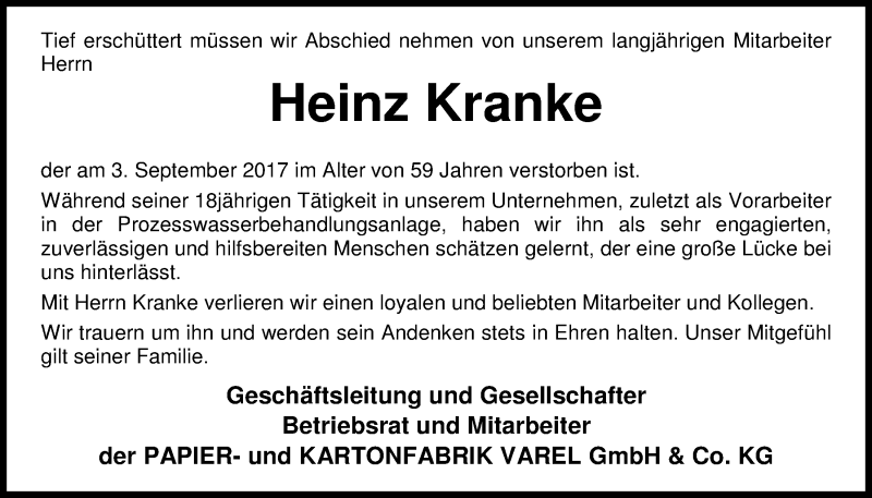  Traueranzeige für Heinz Kranke vom 08.09.2017 aus Nordwest-Zeitung