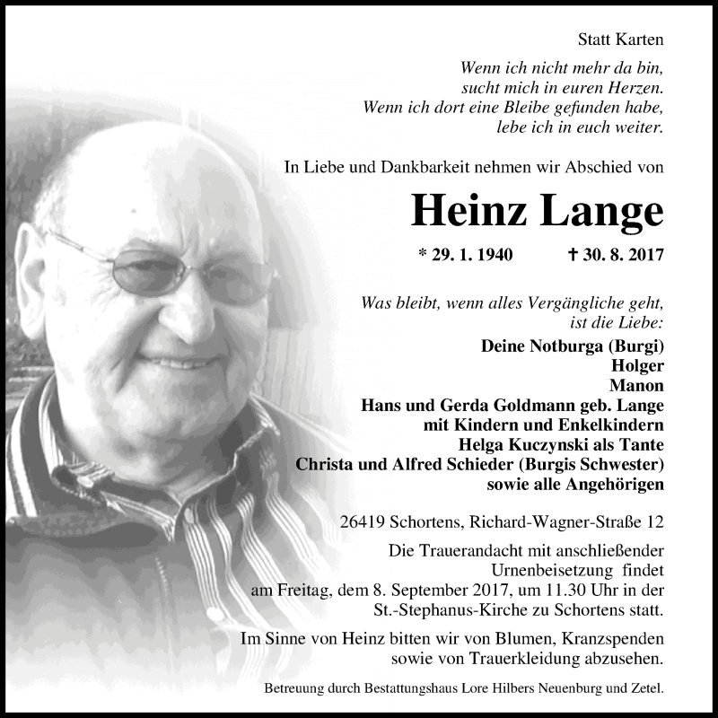  Traueranzeige für Heinz Lange vom 02.09.2017 aus Nordwest-Zeitung