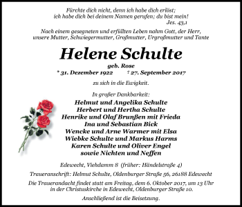 Traueranzeige von Helene Schulte von Nordwest-Zeitung