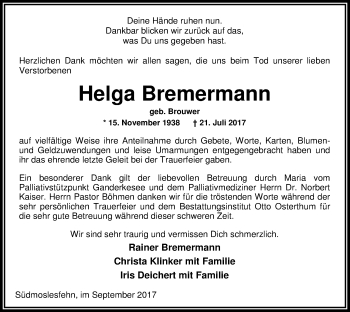 Traueranzeige von Helga Bremermann von Nordwest-Zeitung