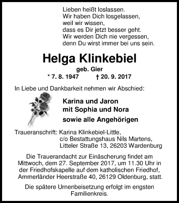 Traueranzeige von Helga Klinkebiel von Nordwest-Zeitung