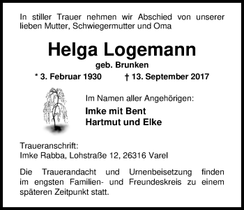 Traueranzeige von Helga Logemann von Nordwest-Zeitung