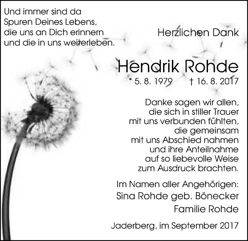  Traueranzeige für Hendrik Rohde vom 23.09.2017 aus Nordwest-Zeitung