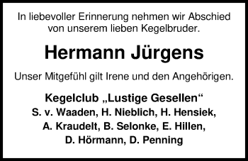 Traueranzeige von Hermann Jürgens von Nordwest-Zeitung