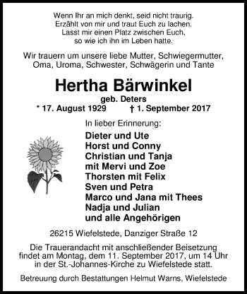 Traueranzeige von Hertha Bärwinkel von Nordwest-Zeitung