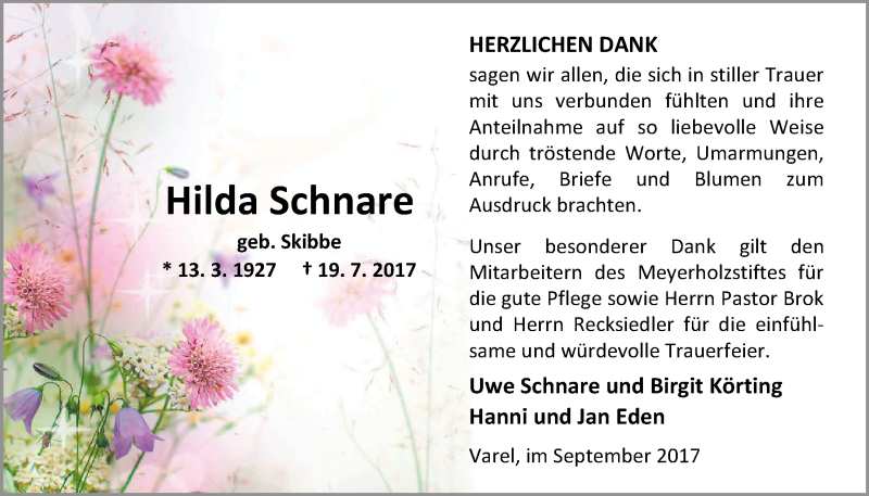  Traueranzeige für Hilda Schnare vom 12.09.2017 aus Nordwest-Zeitung