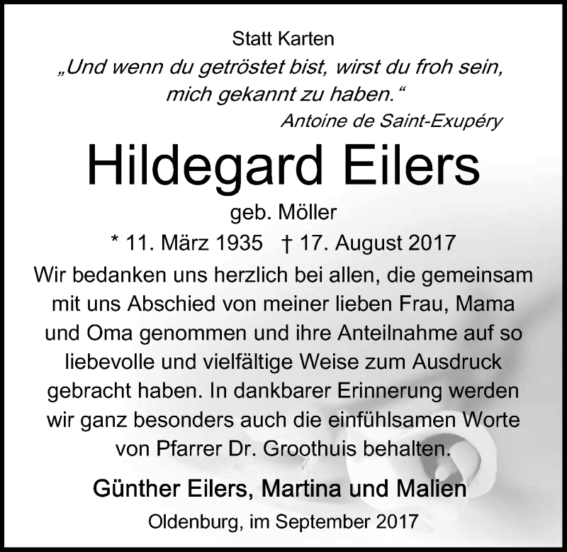  Traueranzeige für Hildegard Eilers vom 11.09.2017 aus Nordwest-Zeitung