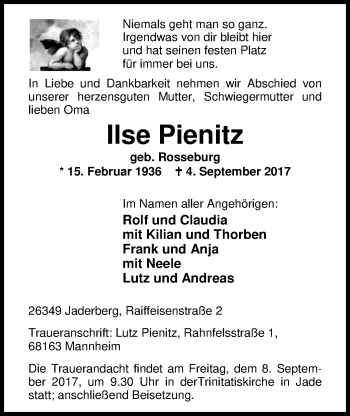 Traueranzeige von Ilse Pienitz von Nordwest-Zeitung