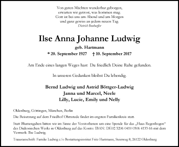 Traueranzeige von Ilse Anna Johanne Ludwig von Nordwest-Zeitung