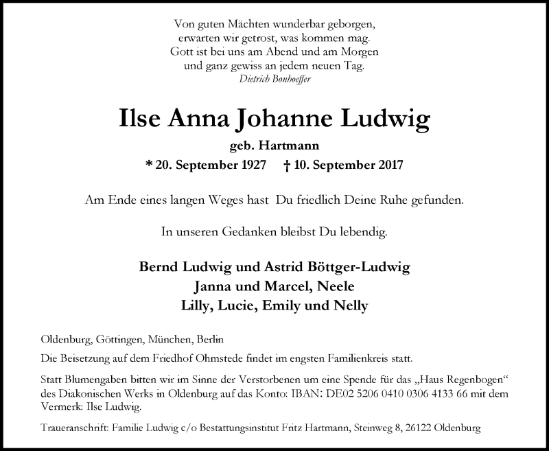  Traueranzeige für Ilse Anna Johanne Ludwig vom 16.09.2017 aus Nordwest-Zeitung