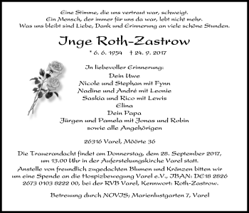 Traueranzeige von Inge Roth-Zastrow von Nordwest-Zeitung