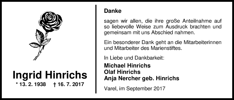  Traueranzeige für Ingrid Hinrichs vom 02.09.2017 aus Nordwest-Zeitung